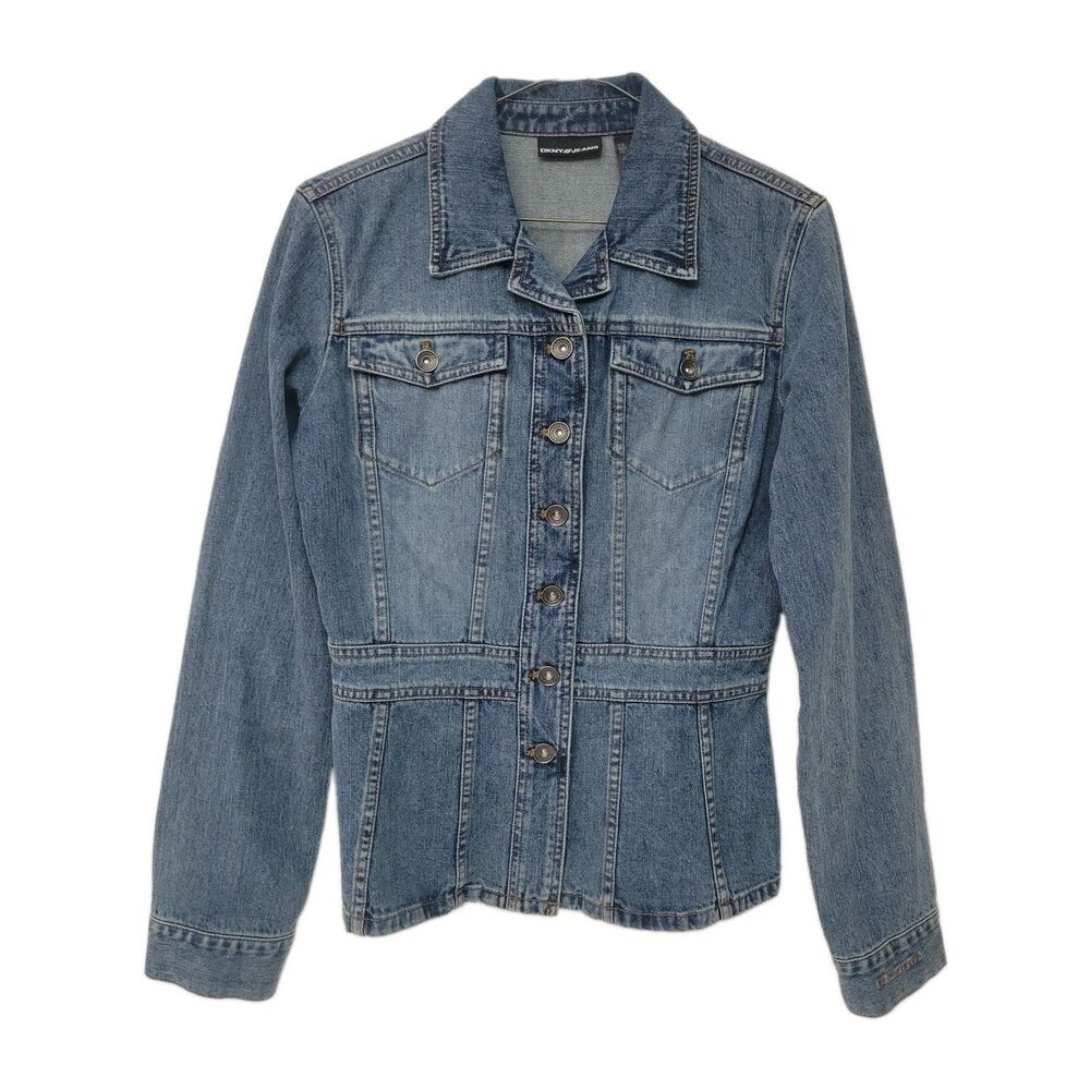 DKNY Jeans Womens S Denim Jacket Fitted Tailored Button Front Blue Jean Blazer